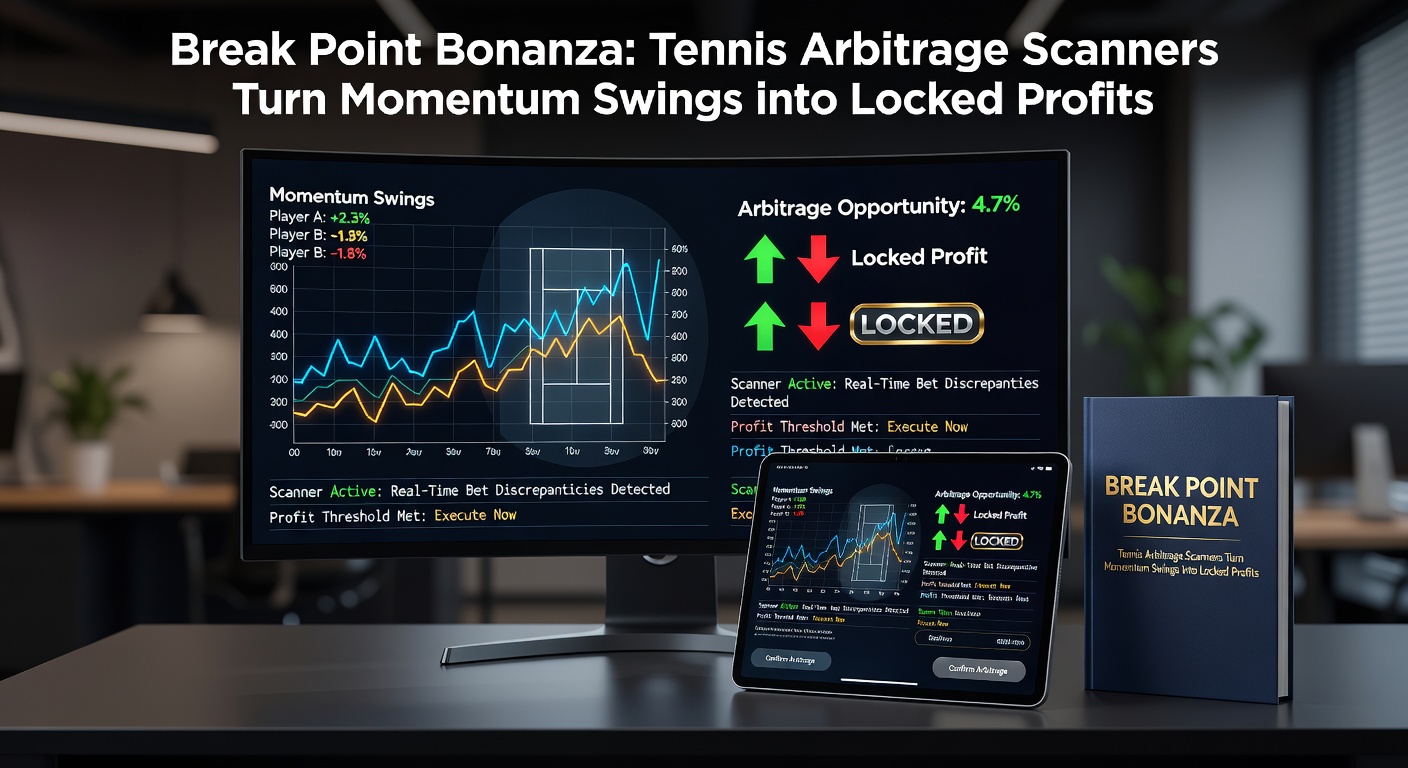 Dynamic tennis match showing a player at break point with live odds fluctuating on screens, highlighting arbitrage opportunities during momentum swings