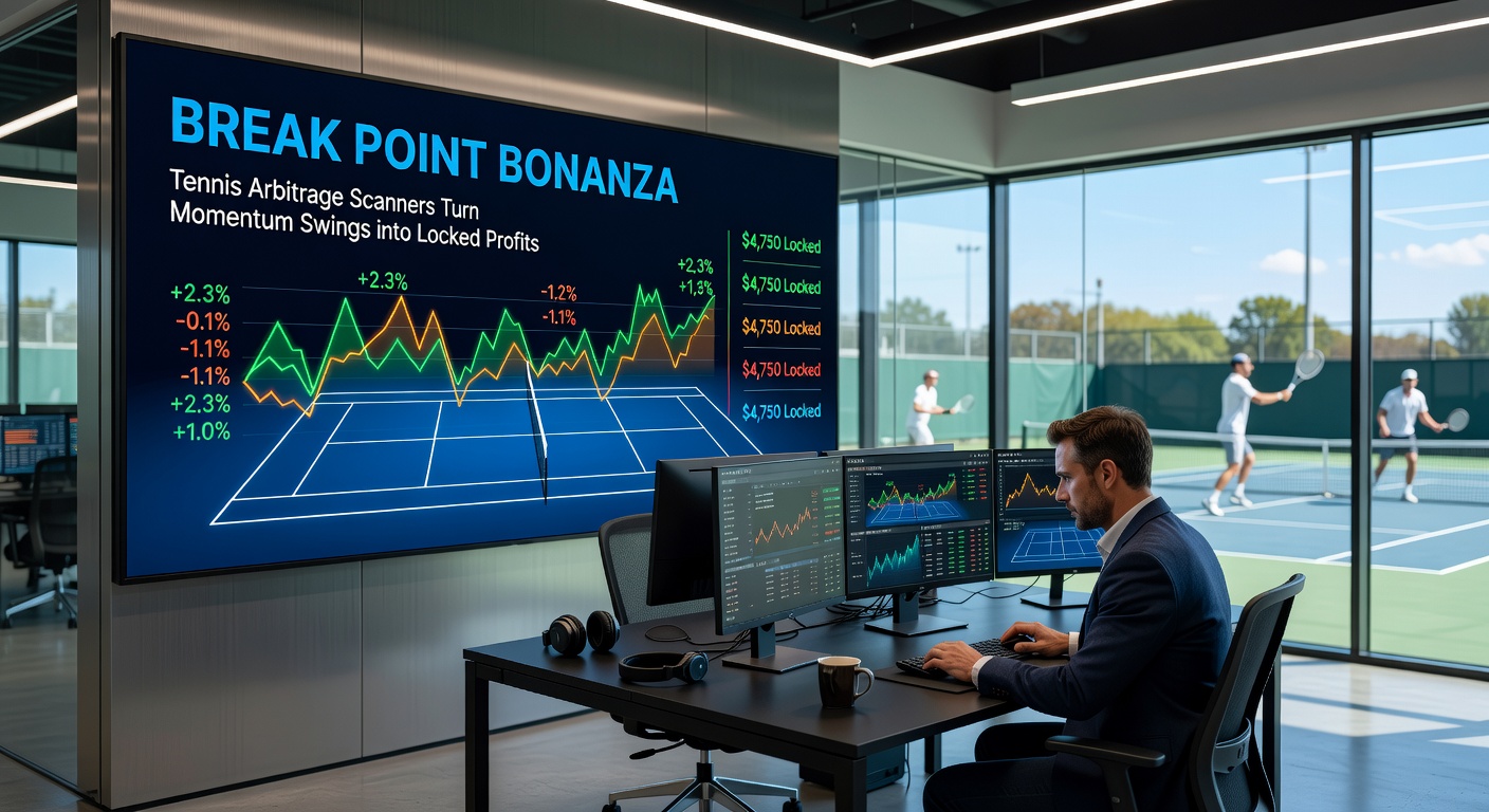 Screenshot of a tennis arbitrage scanner dashboard displaying live break point surebets with odds from multiple bookmakers, profit percentages, and stake recommendations during a momentum shift