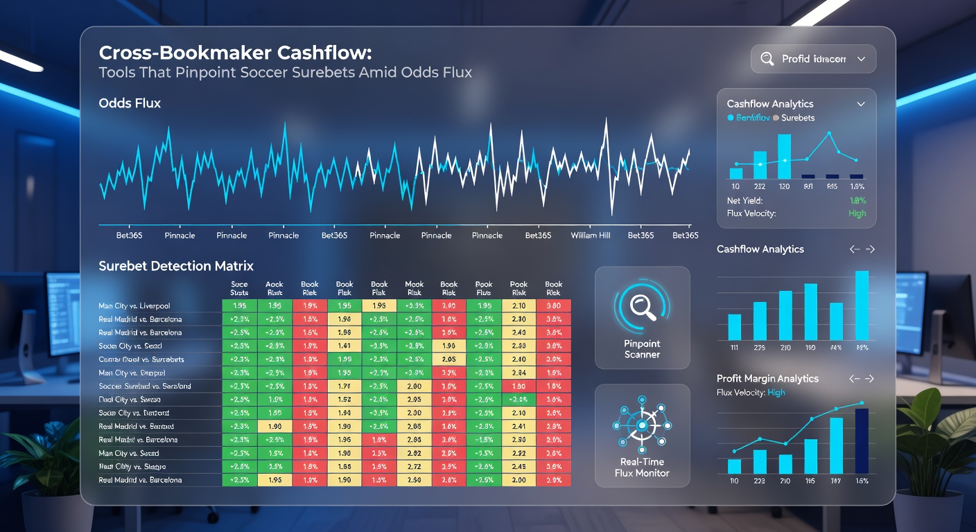Graph illustrating soccer odds fluctuations across bookmakers during a live match, with surebet profit overlays marking exploitable opportunities