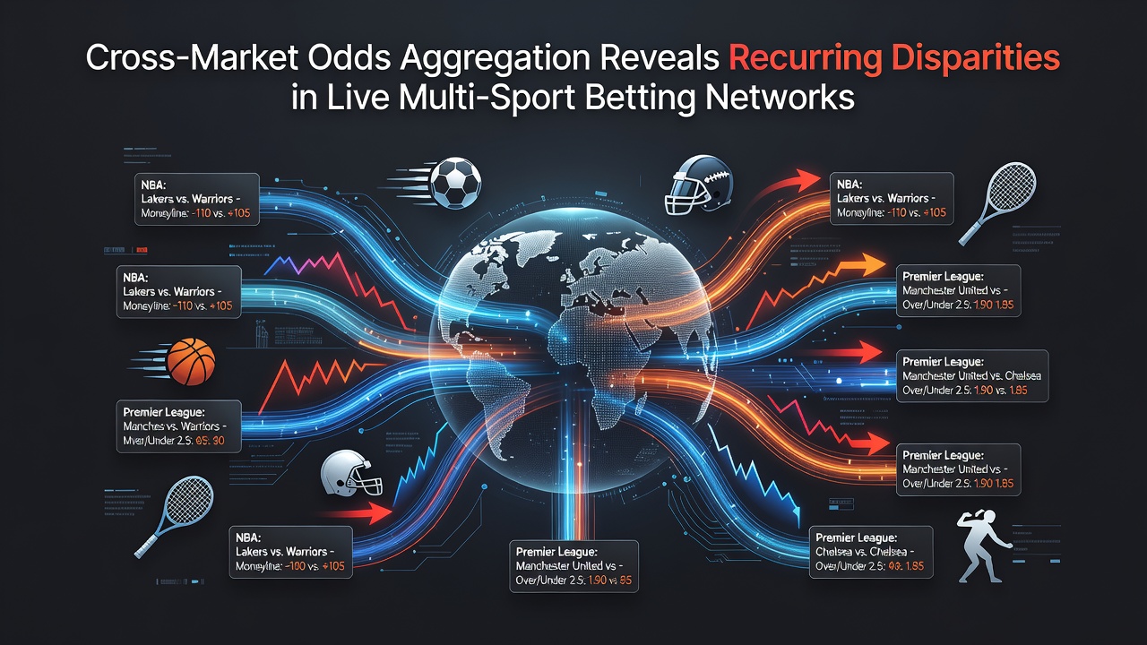 Live multi-sport betting network visualization with highlighted odds disparities between soccer and basketball markets