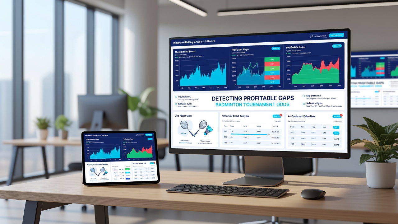 Badminton match statistics and odds gap visualization within betting analysis software dashboard