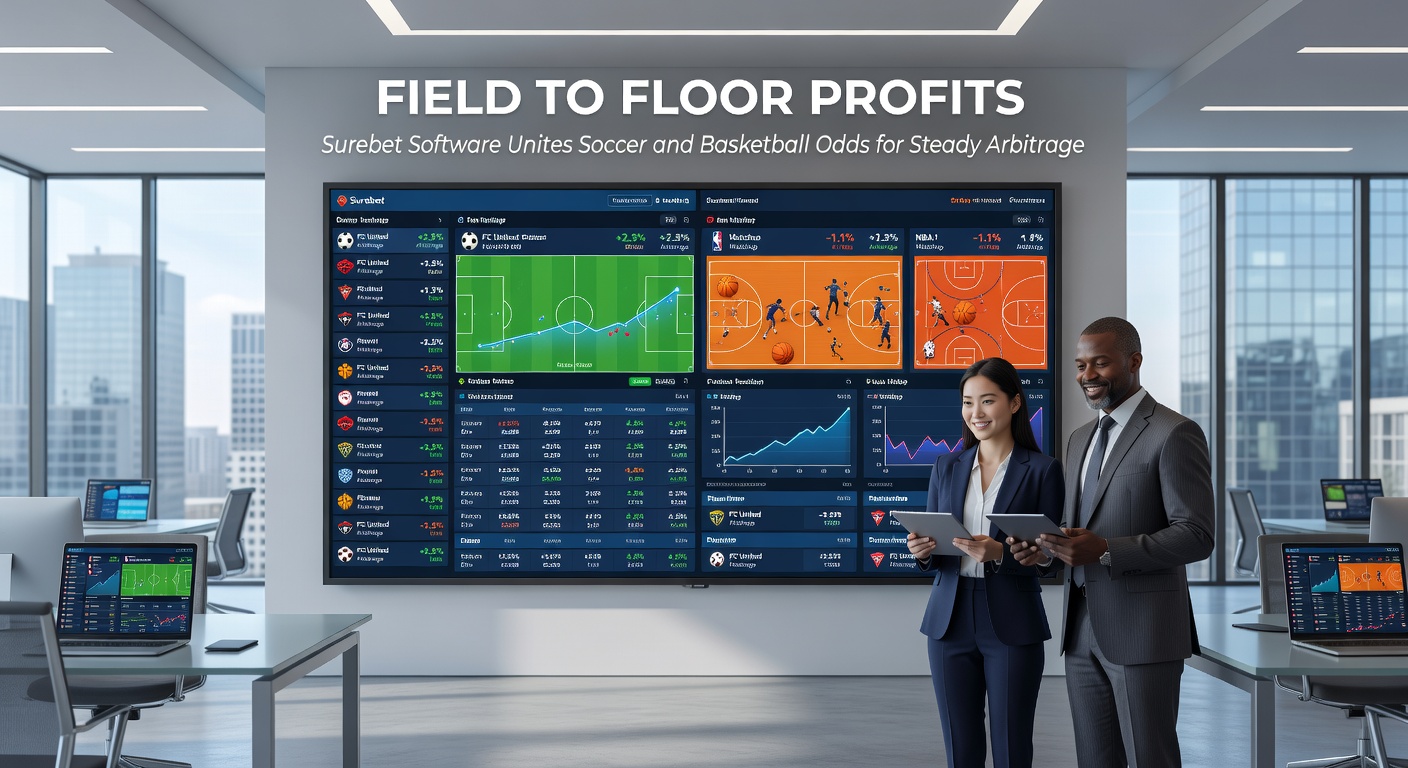 Collage of soccer pitch action adn basketball court highlights overlaid with surebet scanner interface showing united odds tables and profit locks