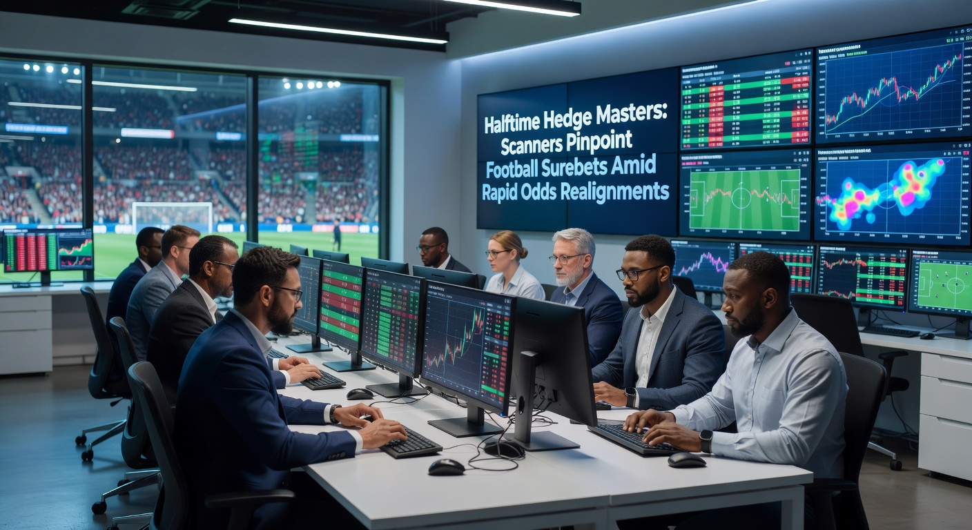 Digital scanner interface displaying live football surebet opportunities with halftime odds from multiple bookmakers, highlighting profit margins in green