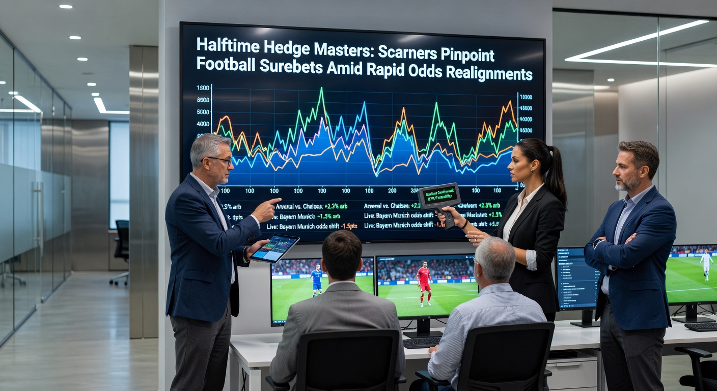Graph showing halftime odds fluctuations in a football match, with surebet markers overlaid on diverging bookmaker lines during April 2026 fixtures