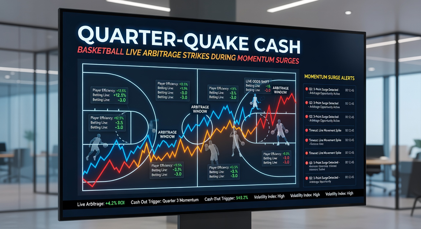 Dynamic basketball court action capturing a momentum surge in the third quarter, with players clashing amid rising odds fluctuations on betting screens