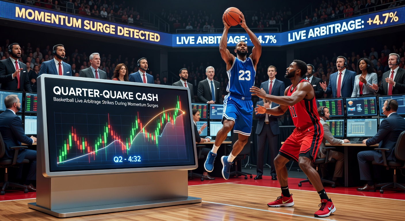 Screenshot of a live arbitrage scanner dashboard highlighting a basketball quarter-quake opportunity with odds discrepancies and profit calculator