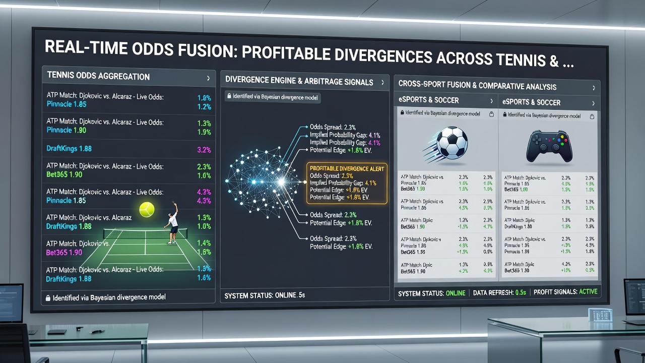 Live interface showing synchronized tennis and soccer odds feeds with divergence detection metrics and execution timelines