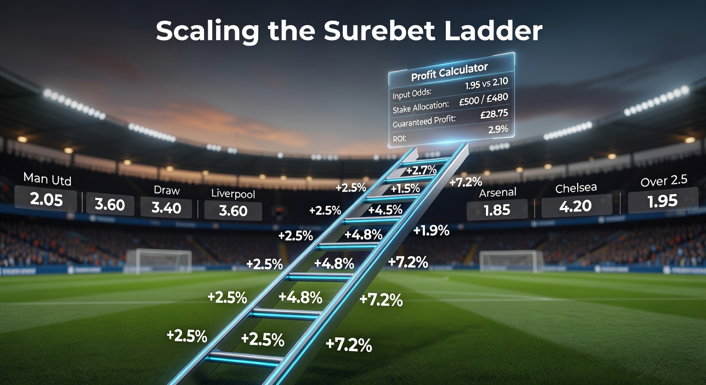 Digital dashboard displaying a profit calculator analyzing football surebet opportunities with odds from multiple bookmakers highlighted in green for guaranteed returns