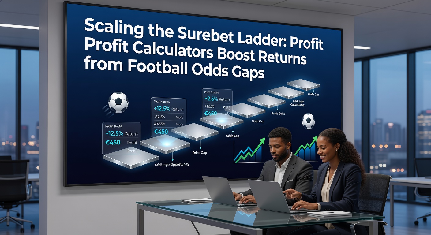Close-up of a football pitch during a tense match with overlaid graphics showing live odds fluctuations and a calculator interface recommending scaled stake allocations for arbitrage