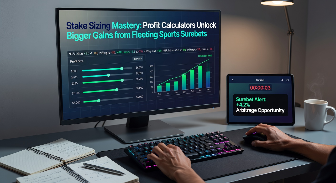 Digital dashboard displaying a surebet calculator with stake inputs, profit outputs, and odds from multiple bookmakers for a live soccer match