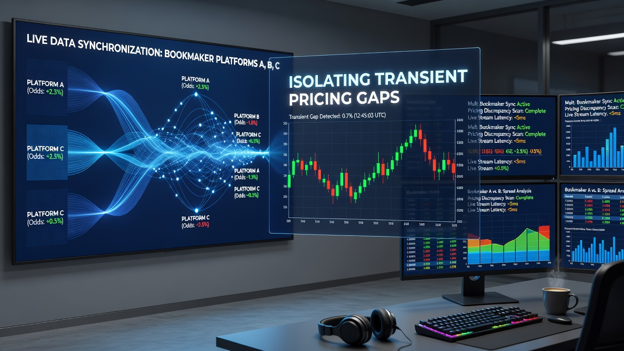 Diagram depicting data flow synchronization and transient pricing gap detection across multiple sports betting platforms