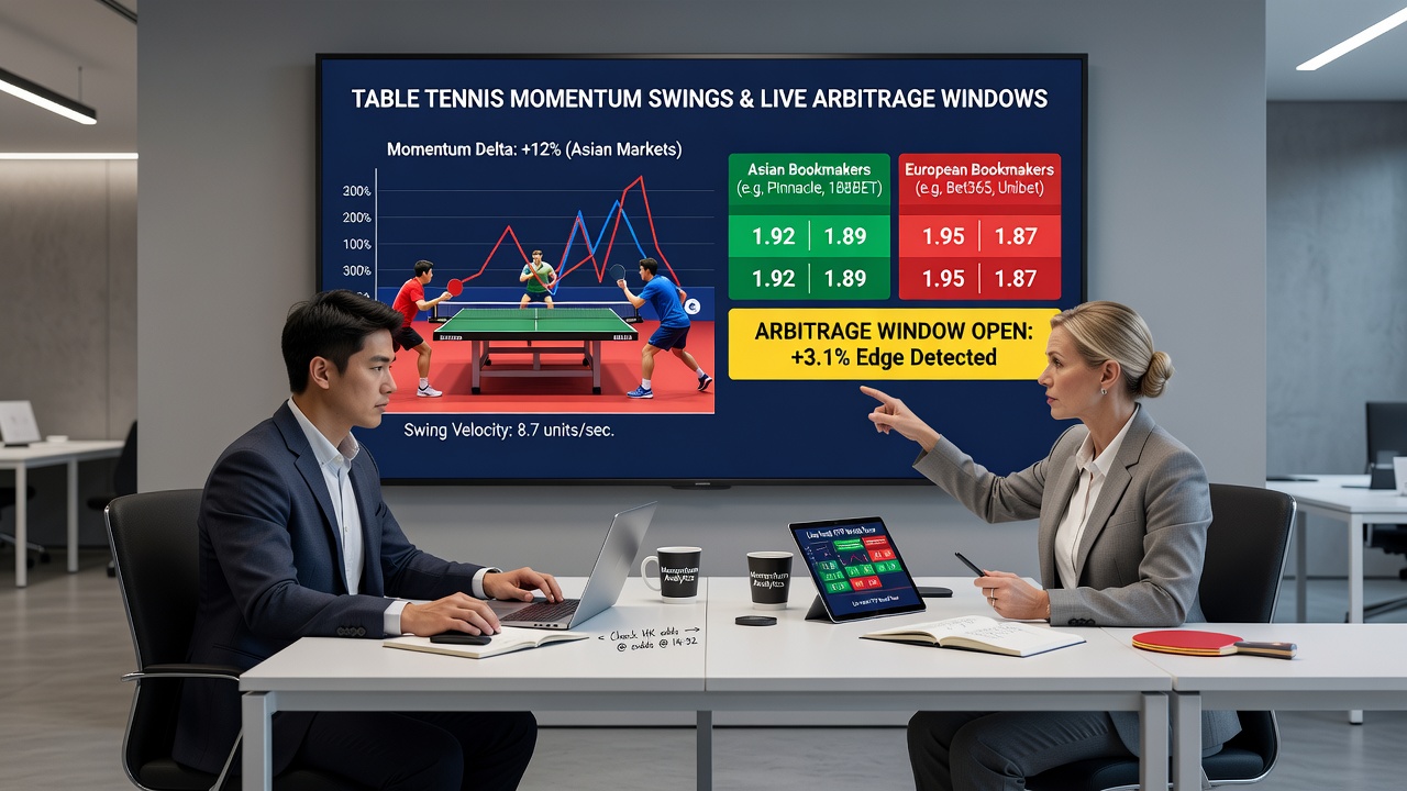 Split-screen view showing live odds boards from Asian and European bookmakers during a table tennis match with highlighted price discrepancies