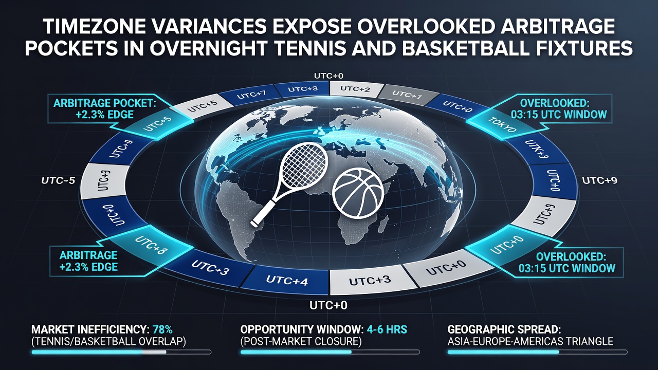 Basketball arena at night with live odds boards reflecting international timezone variances