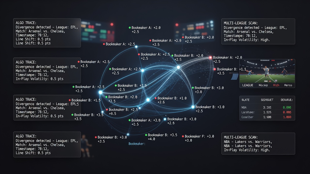 Schematic of multi-league algorithmic detection pipelines capturing in-play line movements