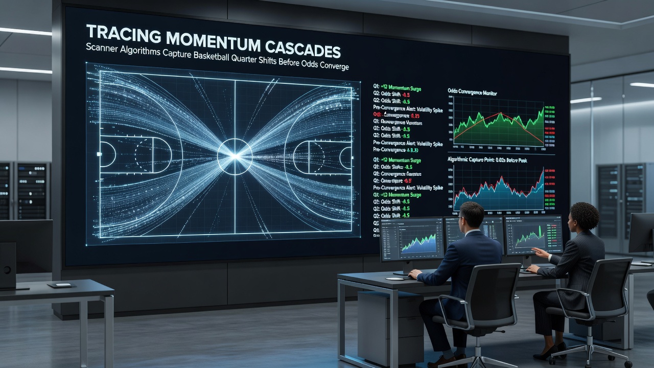 Real-time scanner output highlighting basketball arbitrage opportunities during quarter transitions