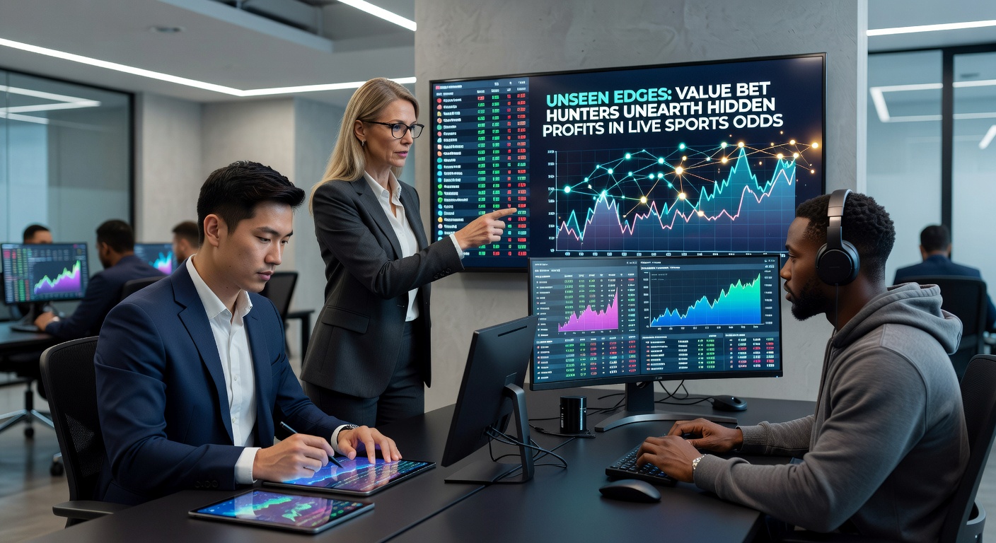 Close-up of a value bet hunter's multi-monitor setup tracking live NFL odds, with graphs showing probability divergences and profit projections ticking upward