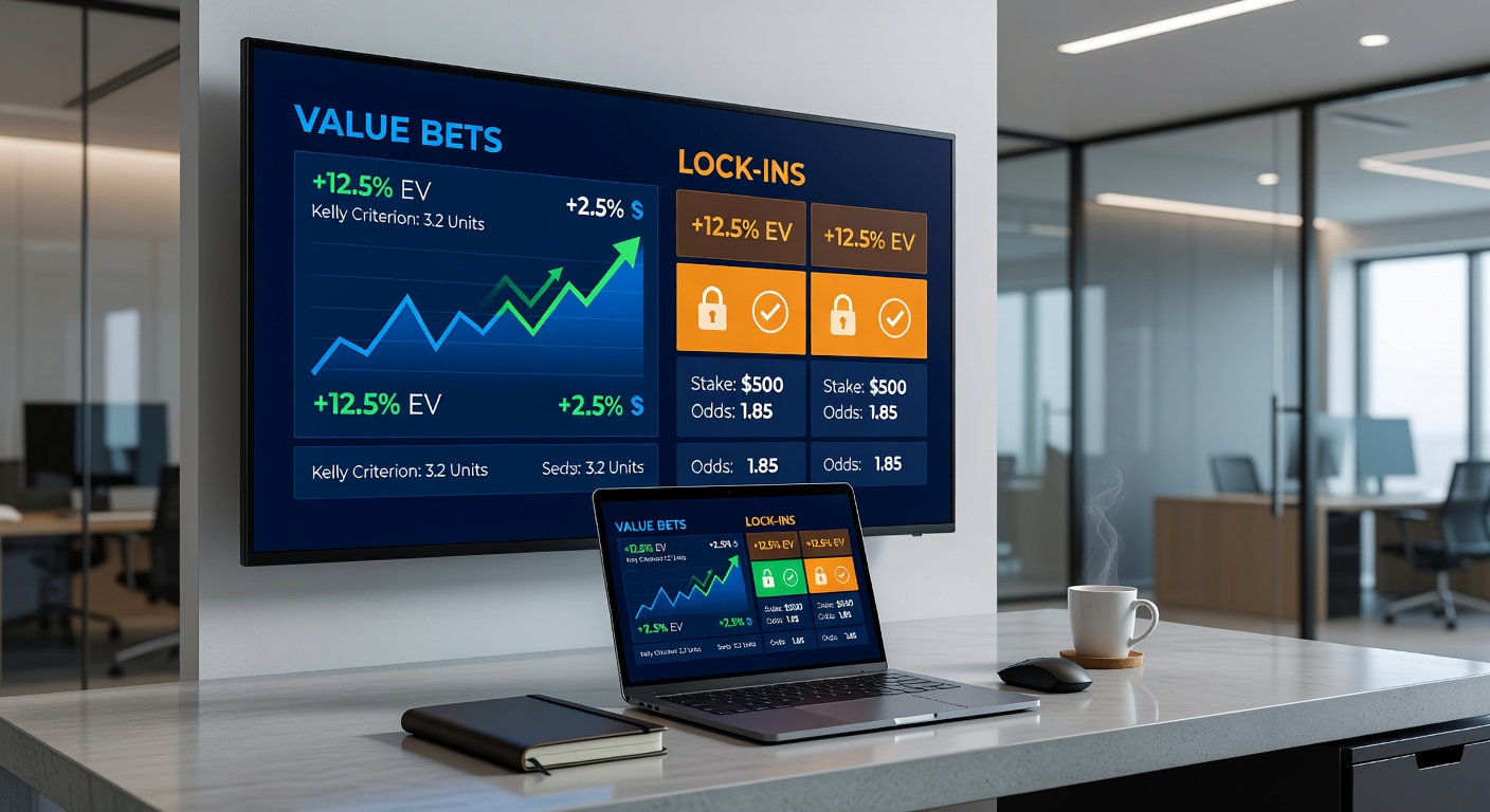 Close-up of a trader's screen showing value bet analytics with probability graphs and real-time odds comparisons from global bookmakers during a live soccer match